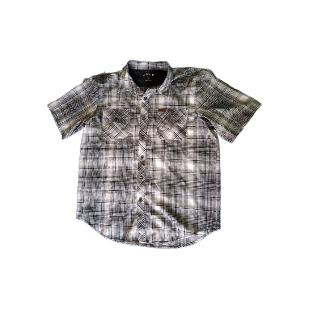 Orvis Gray Plaid Short Sleeve Performance Shirt Button Up Lens Cleaner Size L